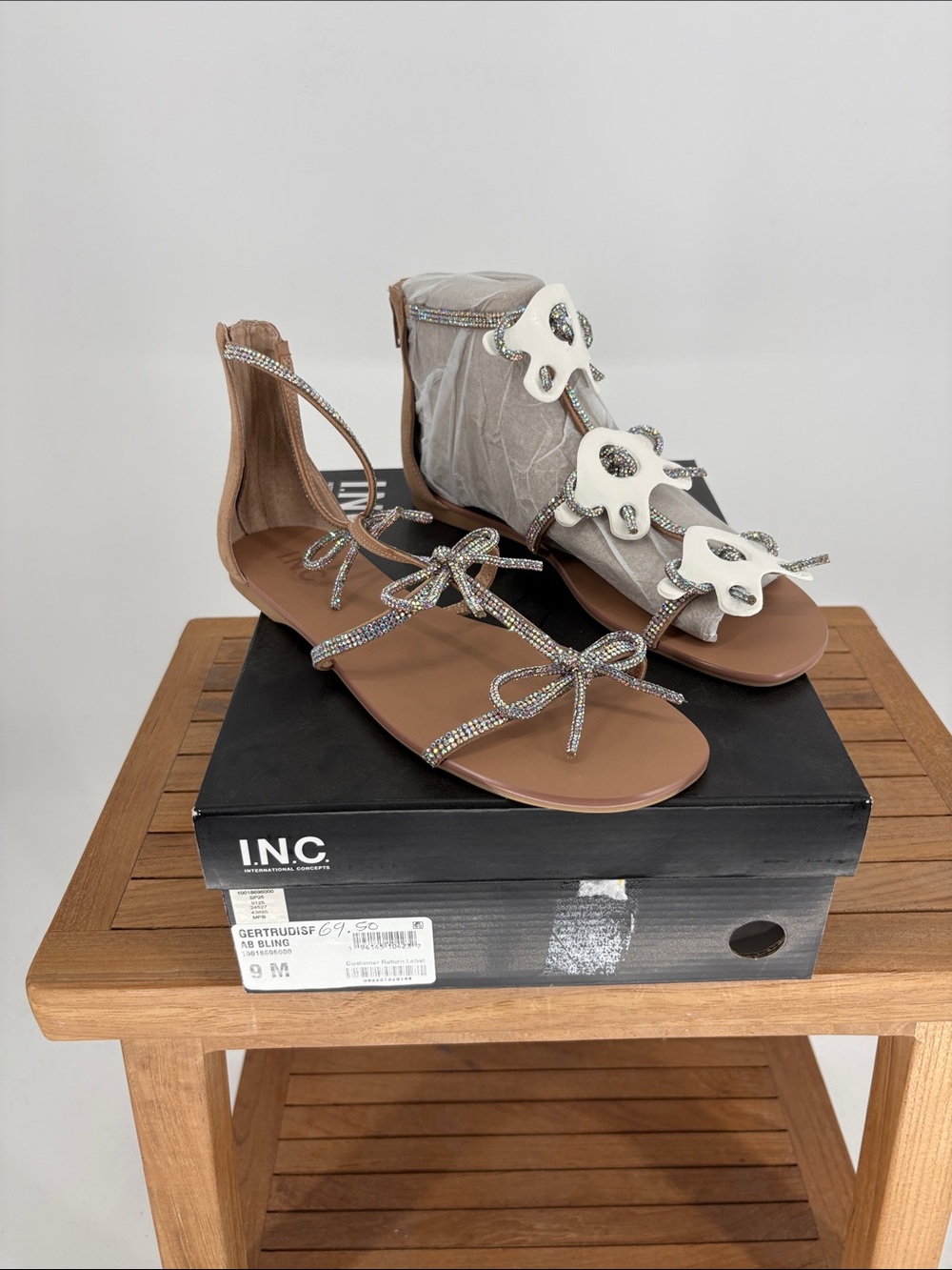 New Women’s INC International Concepts Tan Rhinestone-Tie Sandals size 9M
